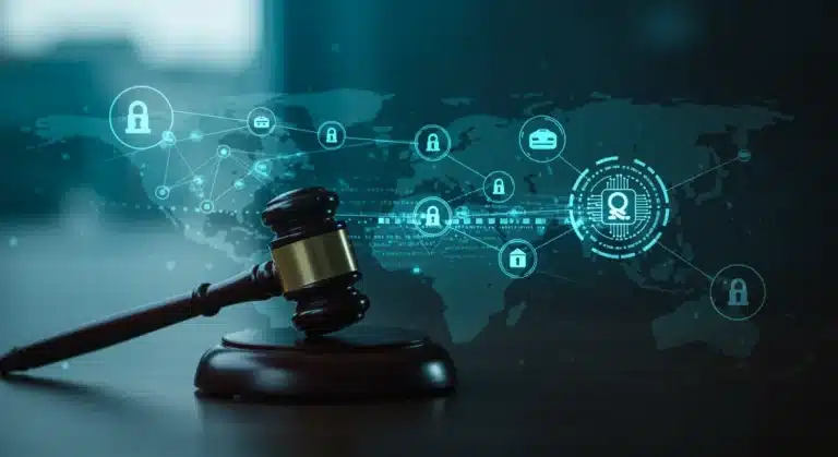 Decentralized news network under SEC scrutiny with blockchain and legal symbols over a US map
