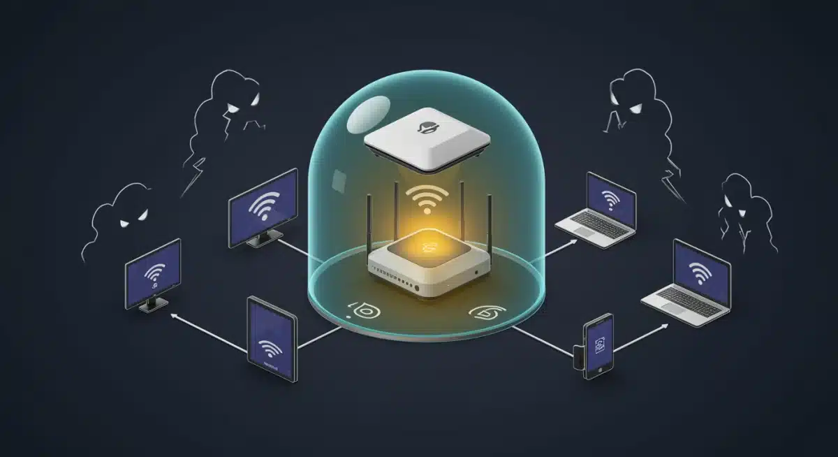 Secure home network with Wi-Fi router protecting Smart TV and devices from cyber threats.