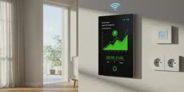 Smart home living room displaying energy management dashboard on a tablet, showcasing savings.