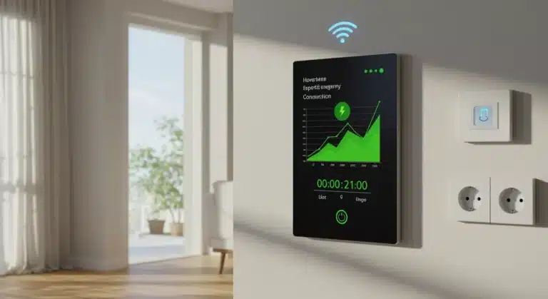 Smart home living room displaying energy management dashboard on a tablet, showcasing savings.