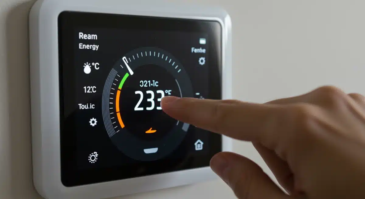 Hand adjusting a smart thermostat displaying real-time energy usage data.
