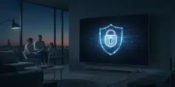 Futuristic living room with Smart TV displaying cybersecurity shield, emphasizing advanced protection.