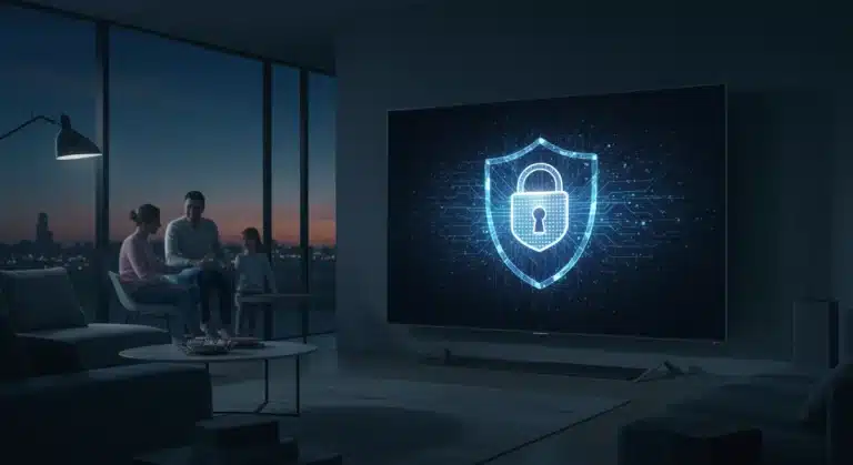 Futuristic living room with Smart TV displaying cybersecurity shield, emphasizing advanced protection.