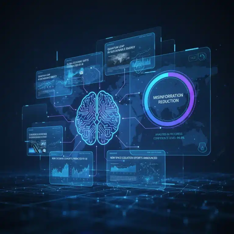 AI brain analyzing news data for misinformation reduction