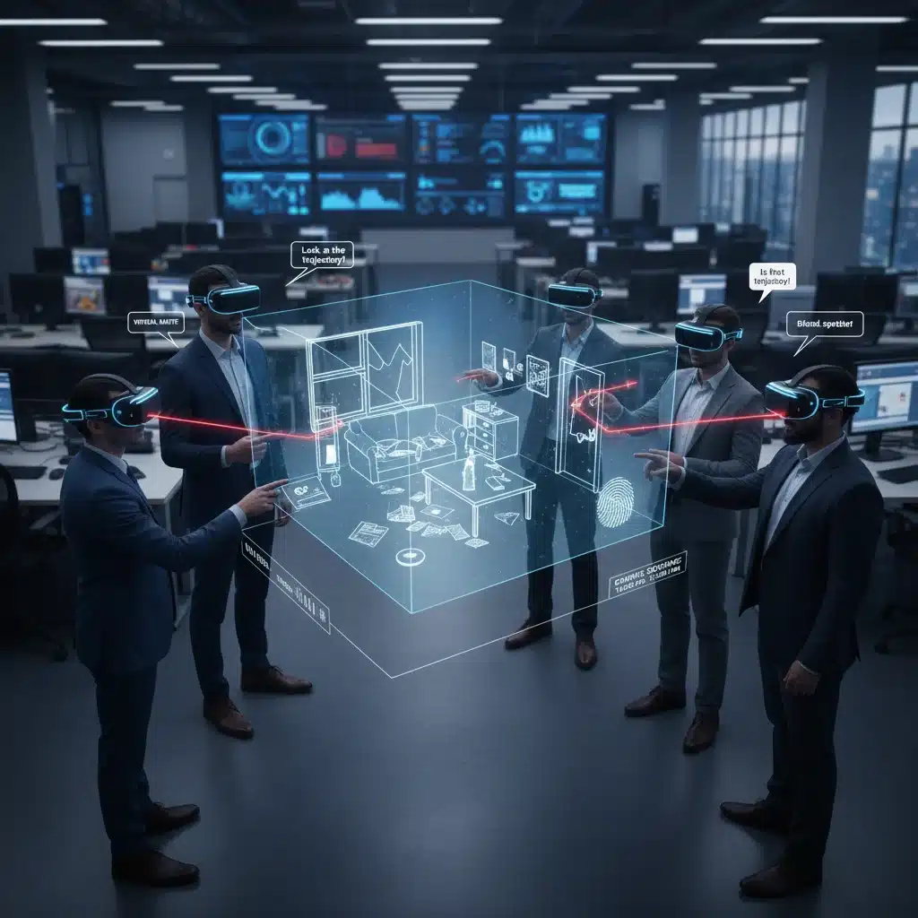 Journalists collaboratively analyzing a 3D crime scene using augmented reality headsets.