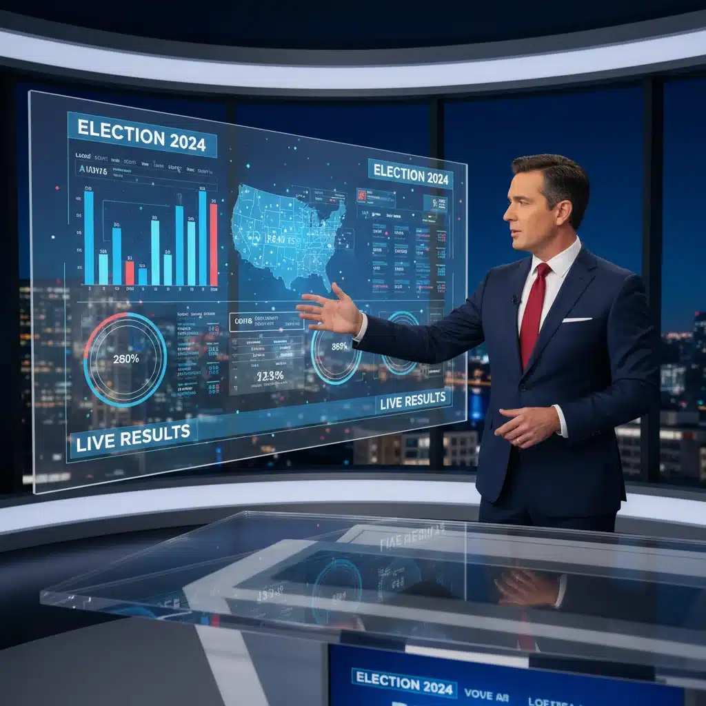 News anchor interacting with augmented reality election results graphic.