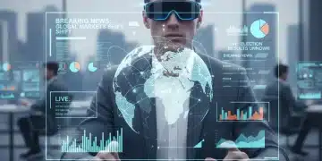 Journalist using augmented reality for news reporting with holographic data.