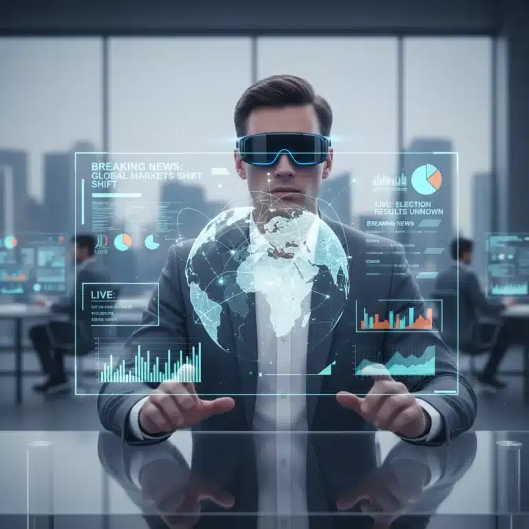 Journalist using augmented reality for news reporting with holographic data.