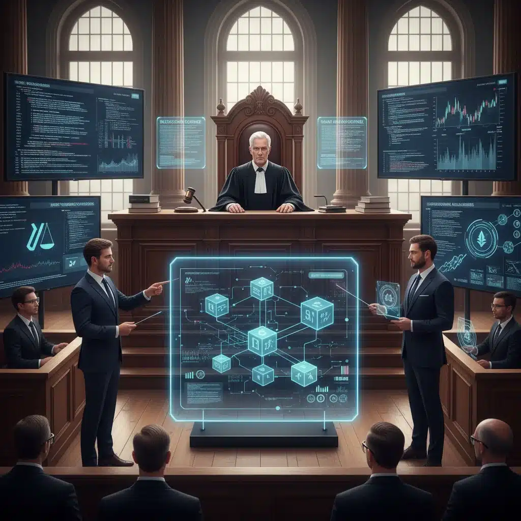 Courtroom with digital evidence on screen, representing legal challenges of decentralized platforms.