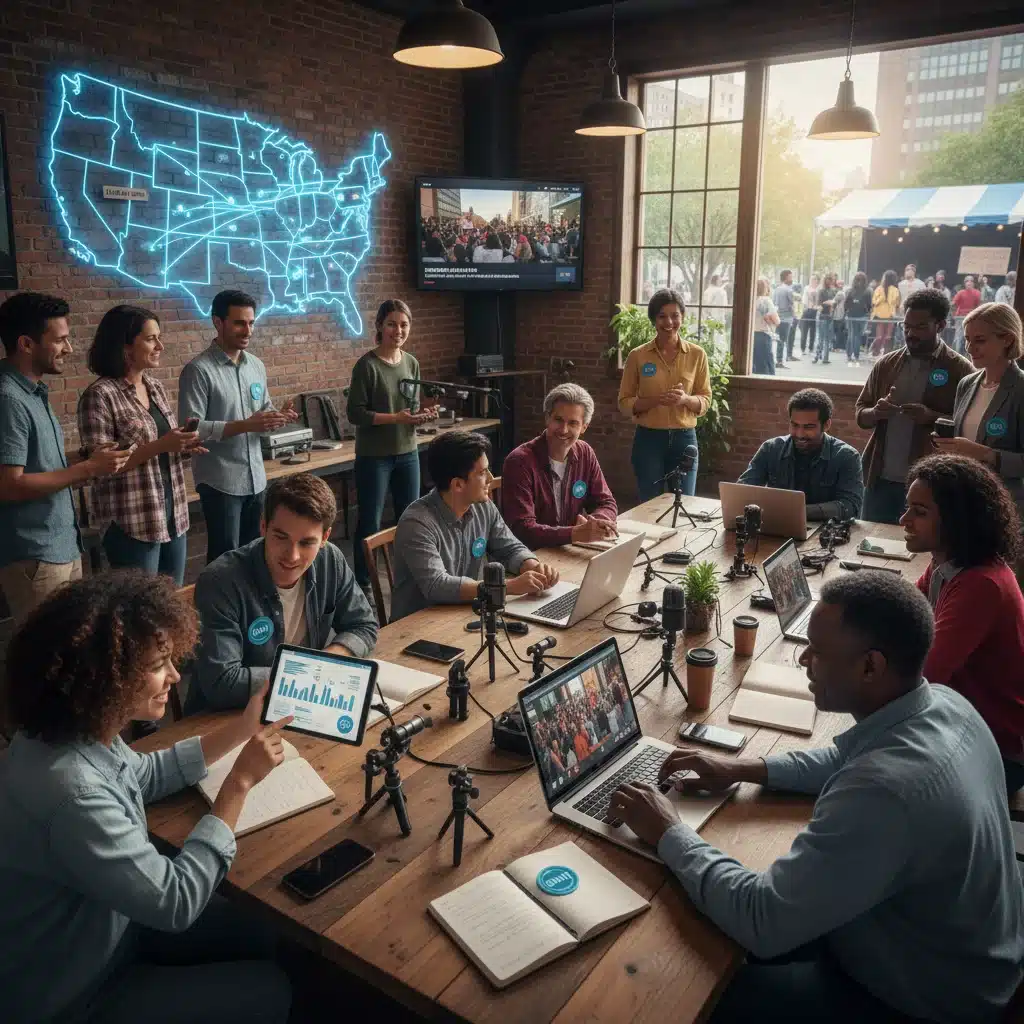 Diverse citizen journalists collaborating on a decentralized news platform across the United States.