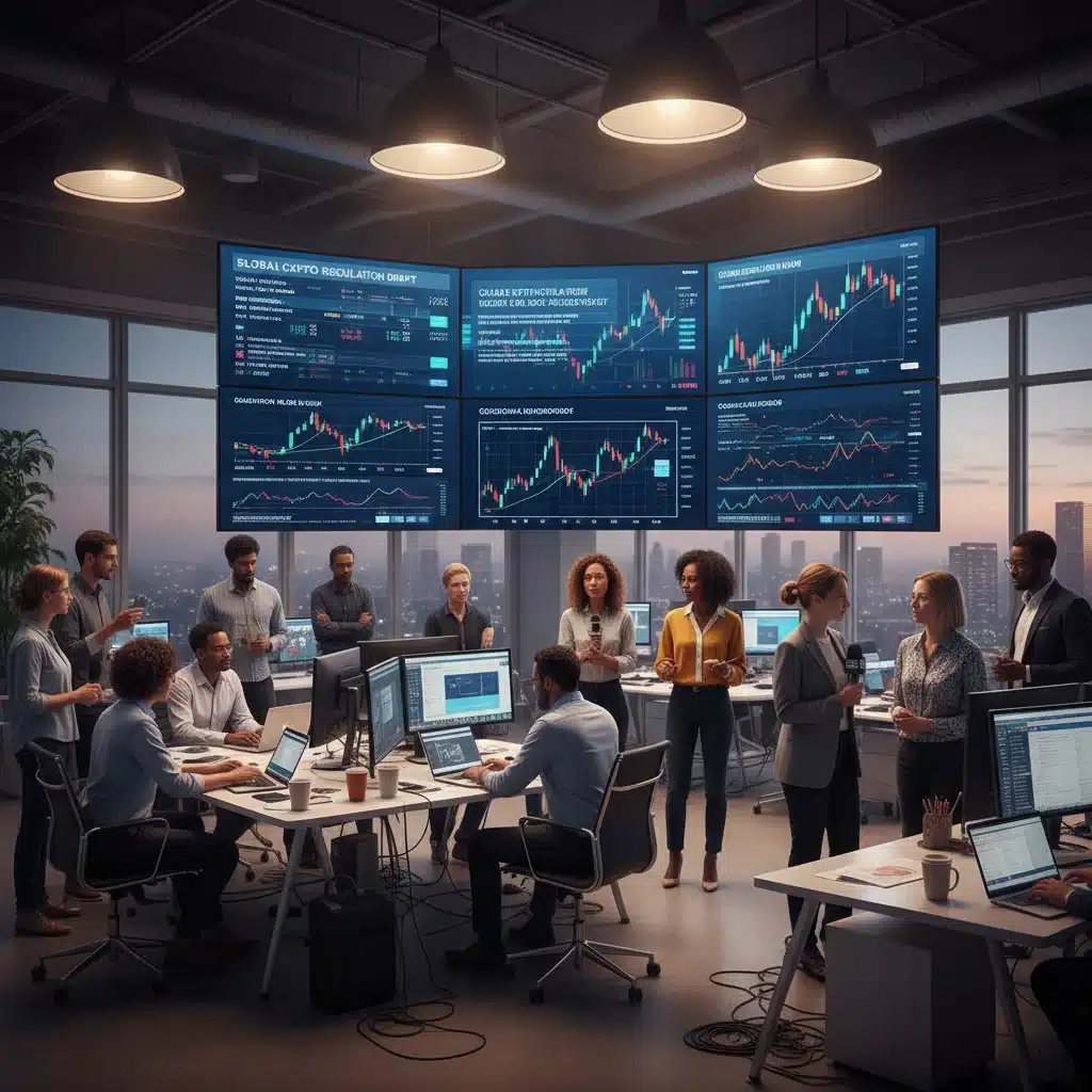 Journalists and analysts in a newsroom discussing crypto market trends and regulatory documents, emphasizing the role of news reporting amidst US digital asset regulations.
