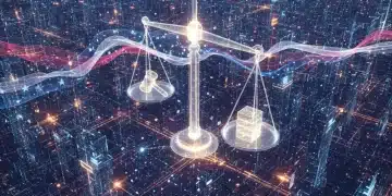 Futuristic digital network with legal scales symbolizing the intersection of decentralized technology and US law.