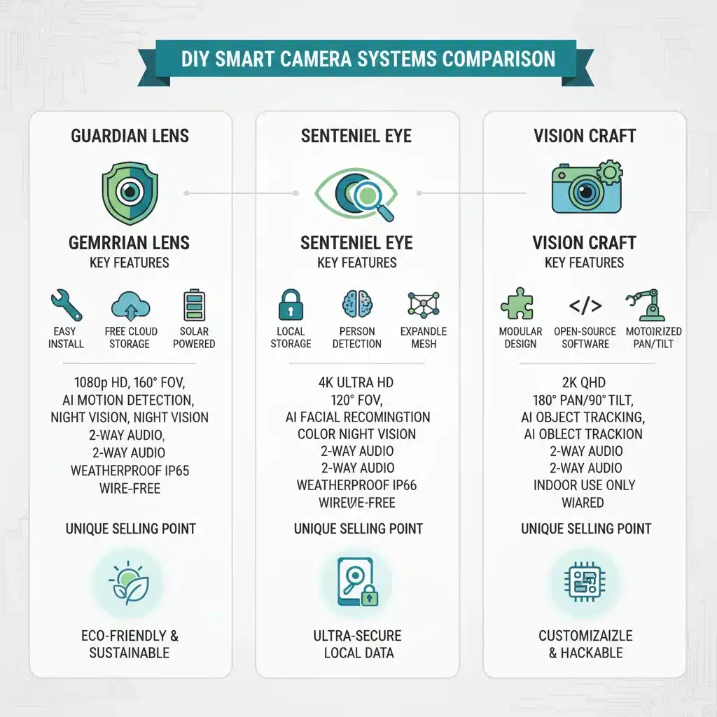 Comparison chart of three DIY smart camera systems features