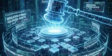 Gavel impacting blockchain network with news feeds, symbolizing US crypto regulations and their effect on digital asset reporting in Q2 2026.