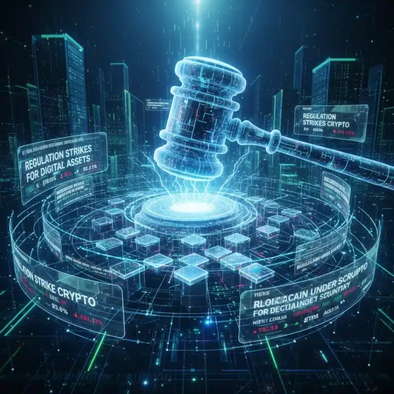 Gavel impacting blockchain network with news feeds, symbolizing US crypto regulations and their effect on digital asset reporting in Q2 2026.