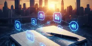 Journalist's tools merging with blockchain and NFT symbols, representing new monetization opportunities.