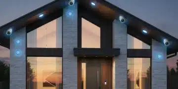 Modern suburban home with smart security cameras at dusk
