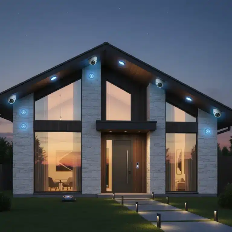 Modern suburban home with smart security cameras at dusk