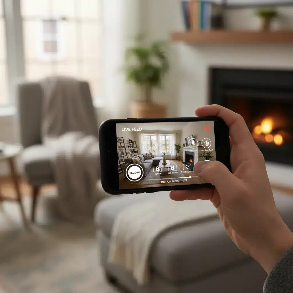 Person monitoring home security camera feed on smartphone app