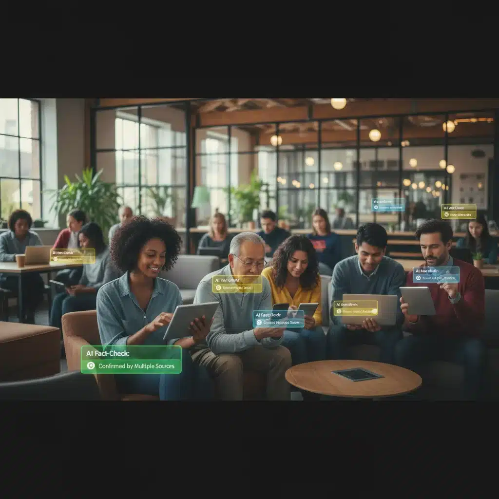 Diverse public interacting with AI-powered fact-checking on digital devices