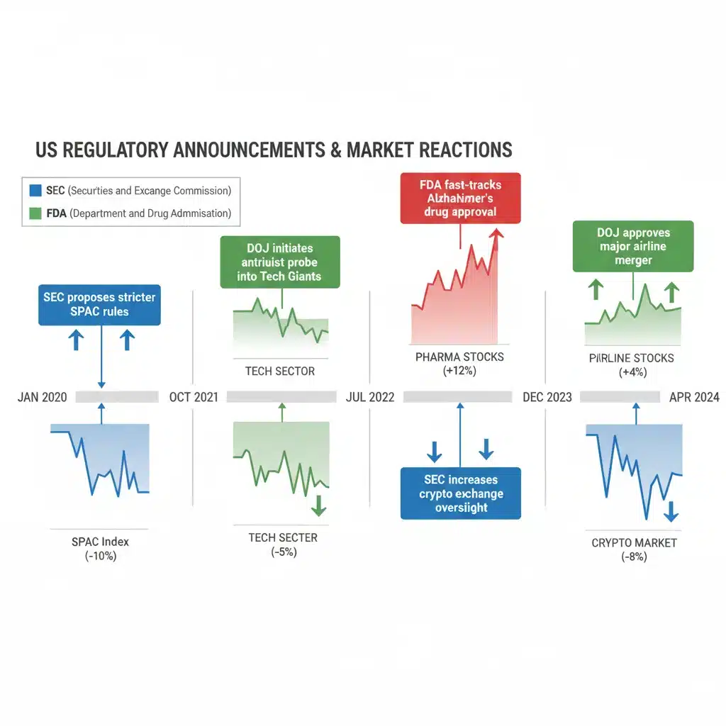 Infographic illustrating a timeline of US digital asset regulatory announcements and corresponding crypto market reactions, highlighting Q2 2026 trends.
