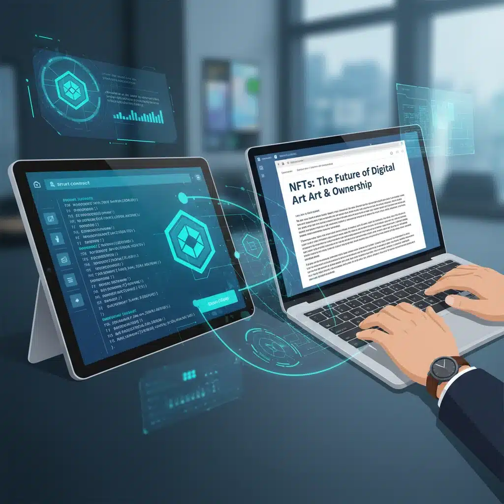 Smart contract interface on a tablet with a journalist typing, illustrating NFT creation.