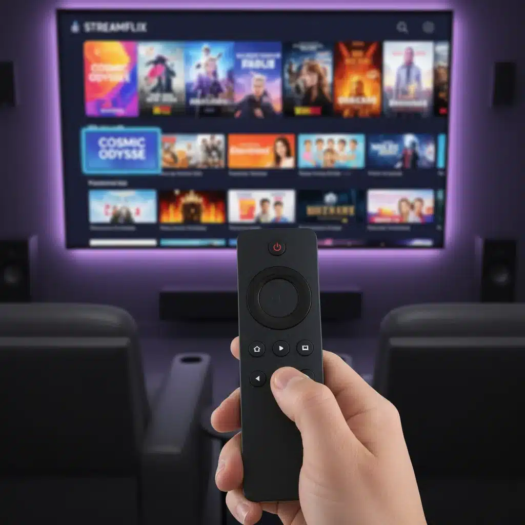 Hand holding a streaming stick remote, navigating through a streaming service menu on a television screen.