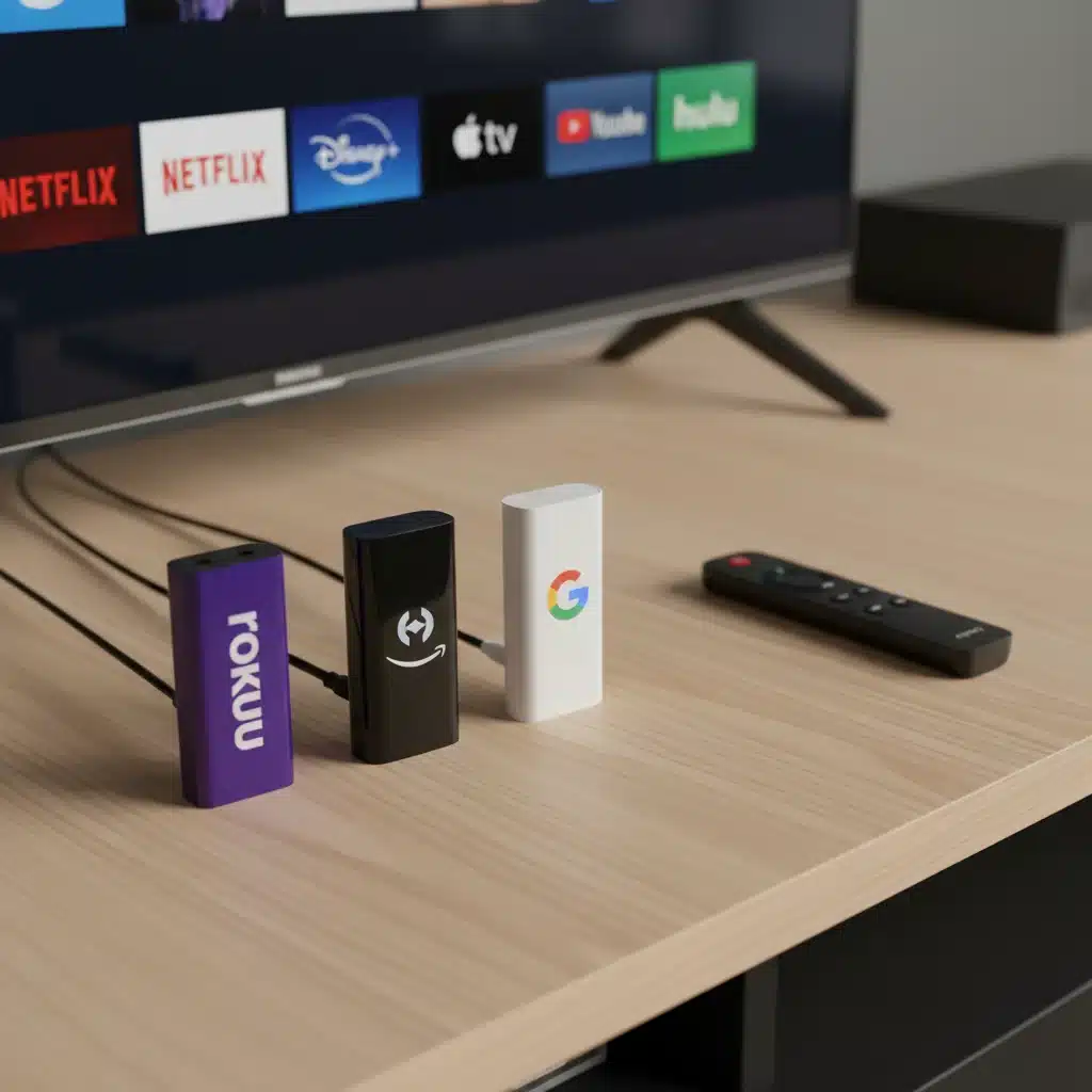 Collection of various streaming sticks and remote control on a table in front of a TV, showcasing different options.