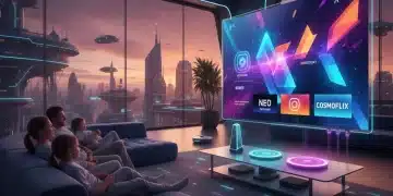 Family enjoying streaming content on a large TV with various streaming sticks visible, highlighting modern home entertainment.