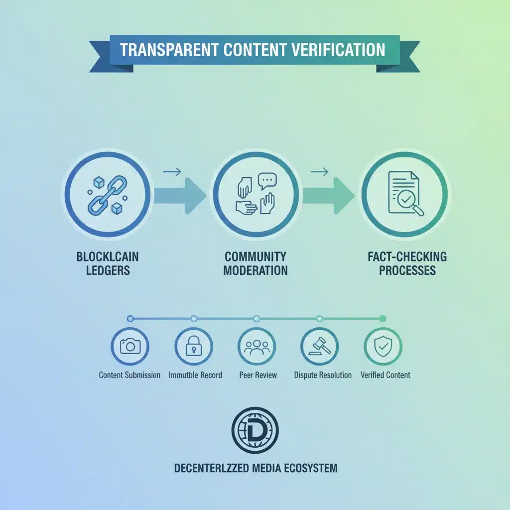 Infographic showing transparent content verification in decentralized media