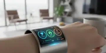Advanced wearable health device showing vital signs on a futuristic display.