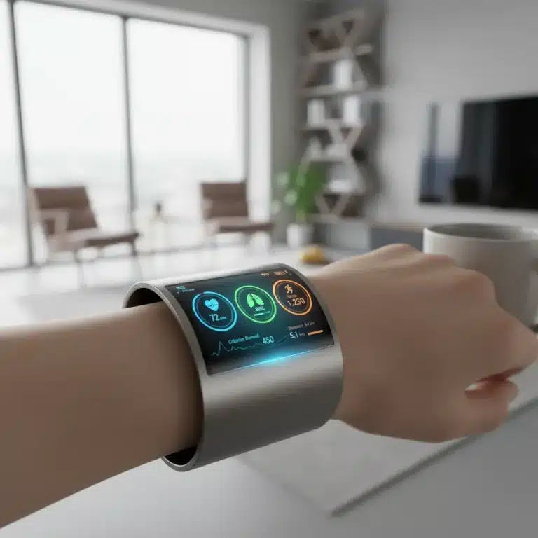 Advanced wearable health device showing vital signs on a futuristic display.