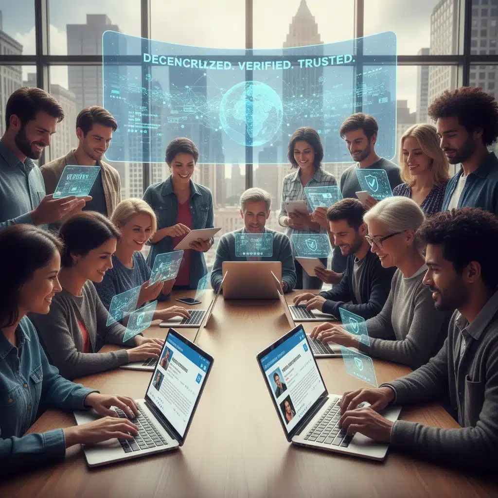 Diverse US citizens engaging with a transparent, community-verified decentralized news platform.