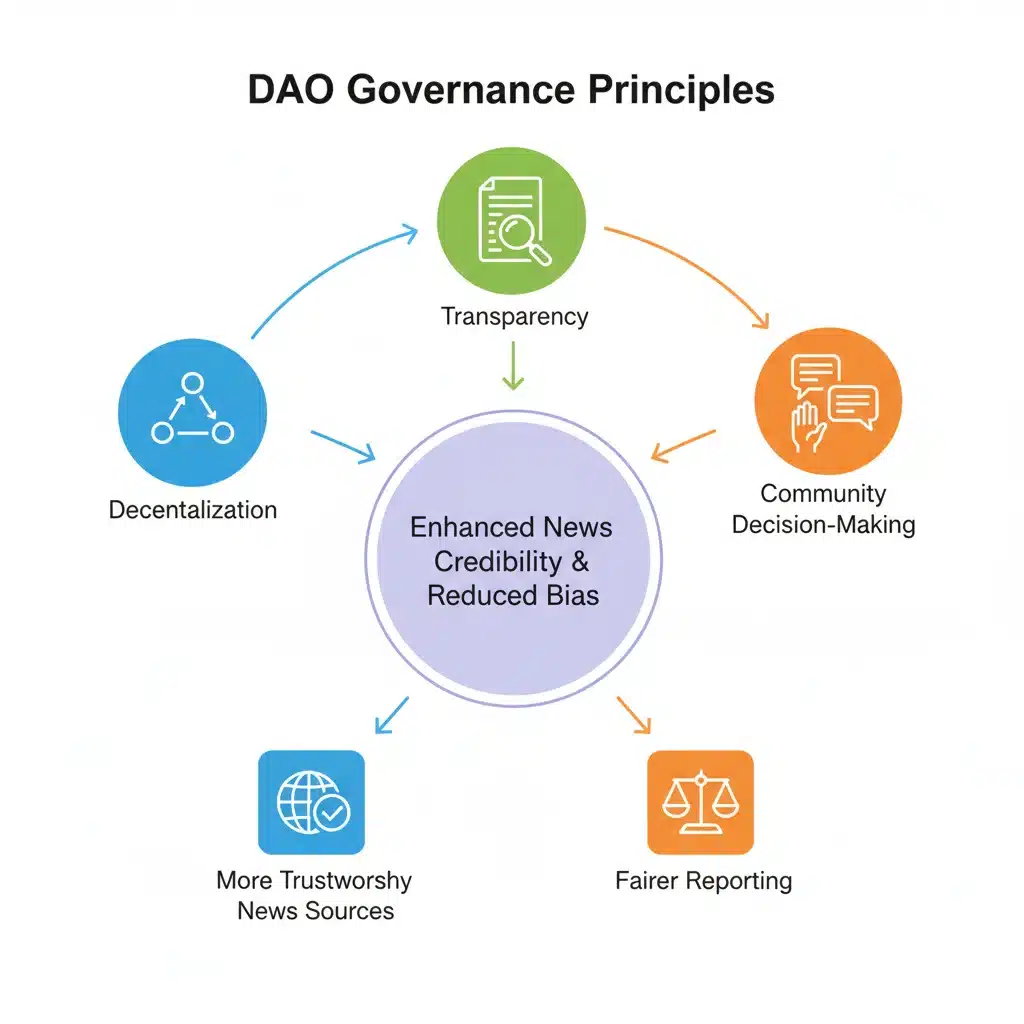 Infographic showing DAO governance principles leading to enhanced news credibility and reduced bias.