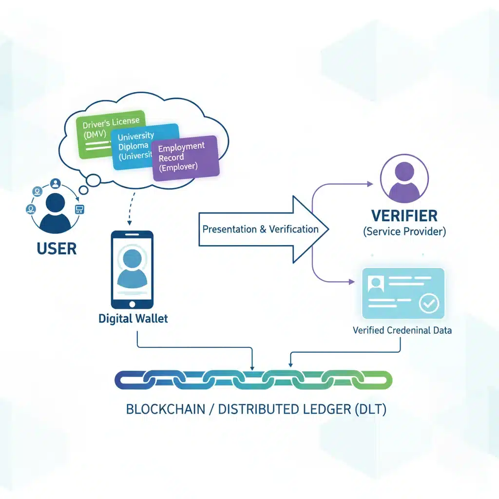 Diagram showing decentralized identity flow with verifiable credentials