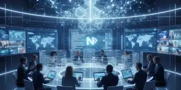 Futuristic newsroom with holographic displays and decentralized network nodes, symbolizing DAO governance in media.