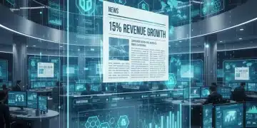 Futuristic newsroom with blockchain symbols and revenue growth charts