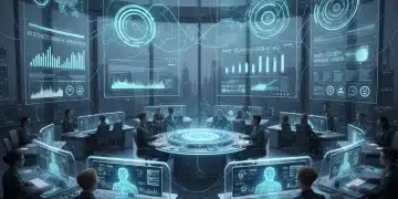 Futuristic newsroom with AI interfaces and data visualizations for predictive journalism.