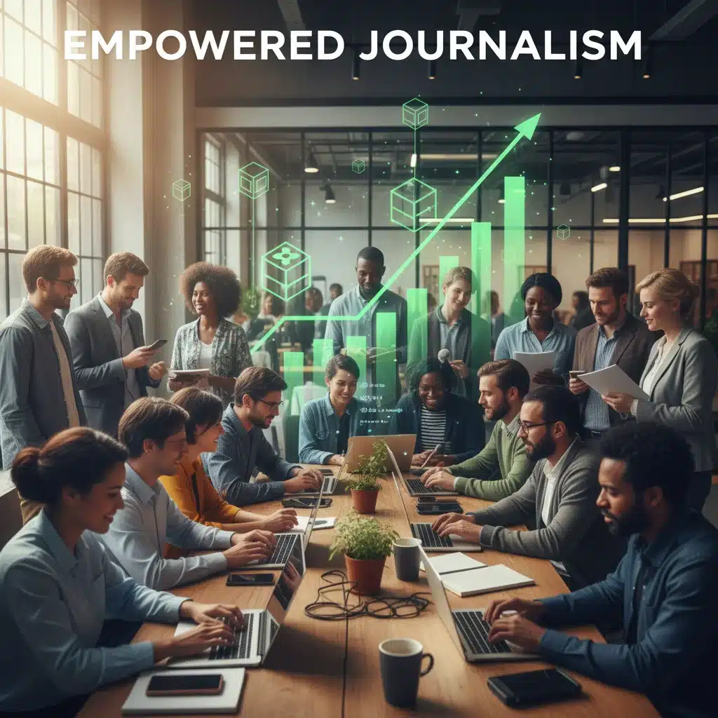 Independent journalists collaborating and benefiting from blockchain technology, representing revenue growth and empowerment.