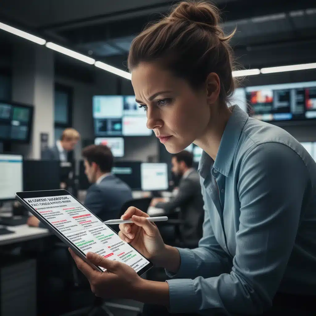Journalist reviewing AI-generated content for accuracy and ethics.