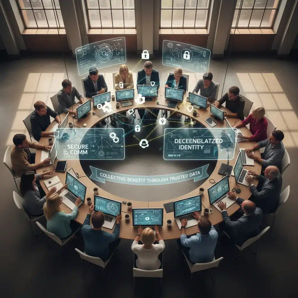 Journalists collaborating with secure decentralized communication tools