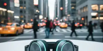 Sleek black noise-cancelling headphones on a table, city background