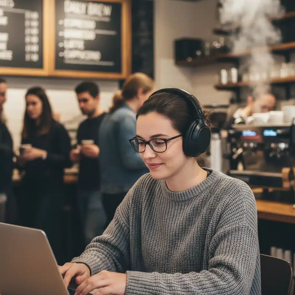 Person wearing noise-cancelling headphones in a busy coffee shop