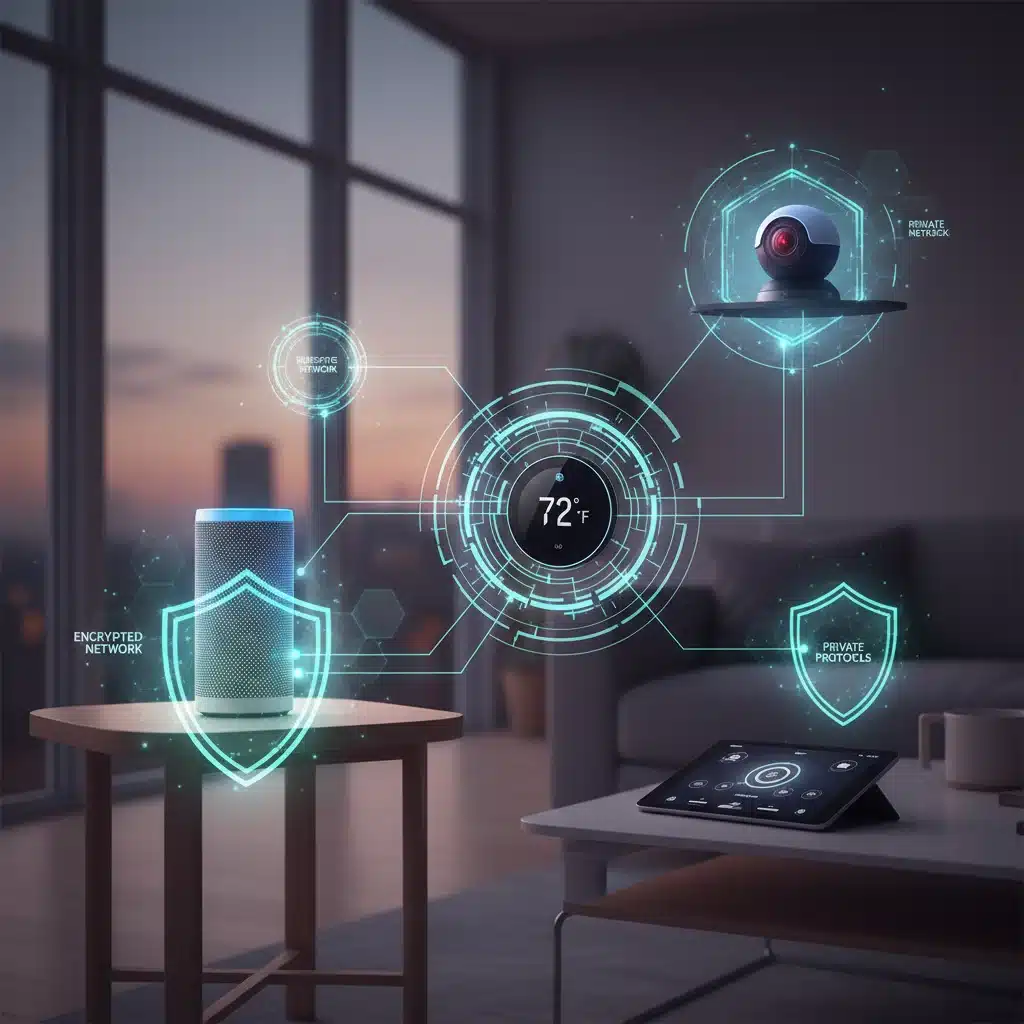 Smart home devices with glowing security shields, signifying enhanced privacy.