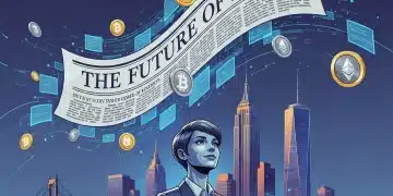 Blockchain ledger with news articles and cryptocurrency tokens, symbolizing tokenized news models for independent journalists.