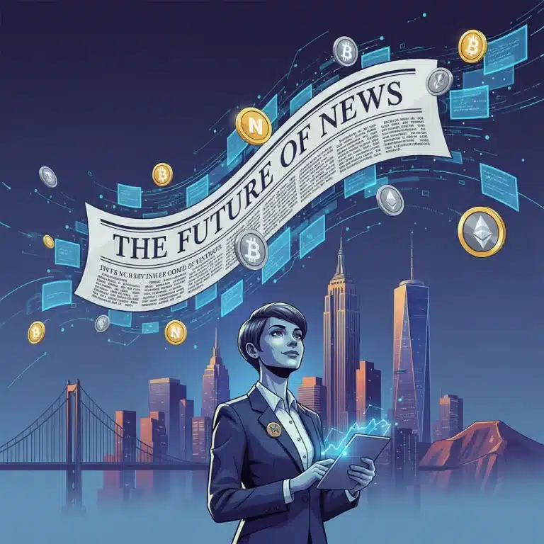 Blockchain ledger with news articles and cryptocurrency tokens, symbolizing tokenized news models for independent journalists.