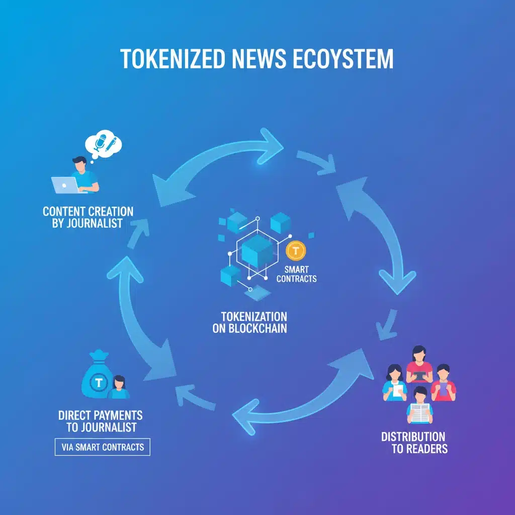 Diagram showing the flow of content and tokens in a tokenized news ecosystem, from creation to reader payment.