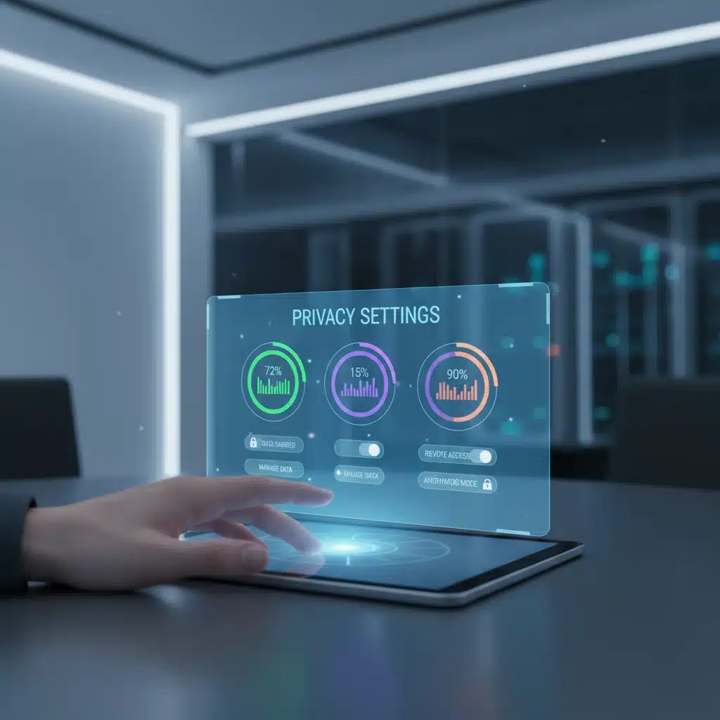 User managing digital privacy settings on a futuristic holographic interface.