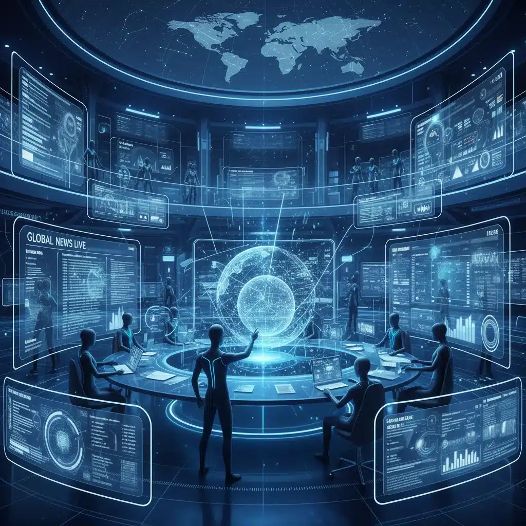 Journalists collaborating in a virtual newsroom within the metaverse