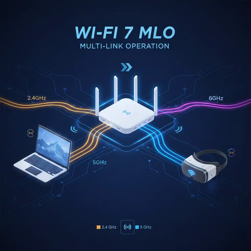 Diagram illustrating Wi-Fi 7 Multi-Link Operation (MLO) across multiple frequency bands